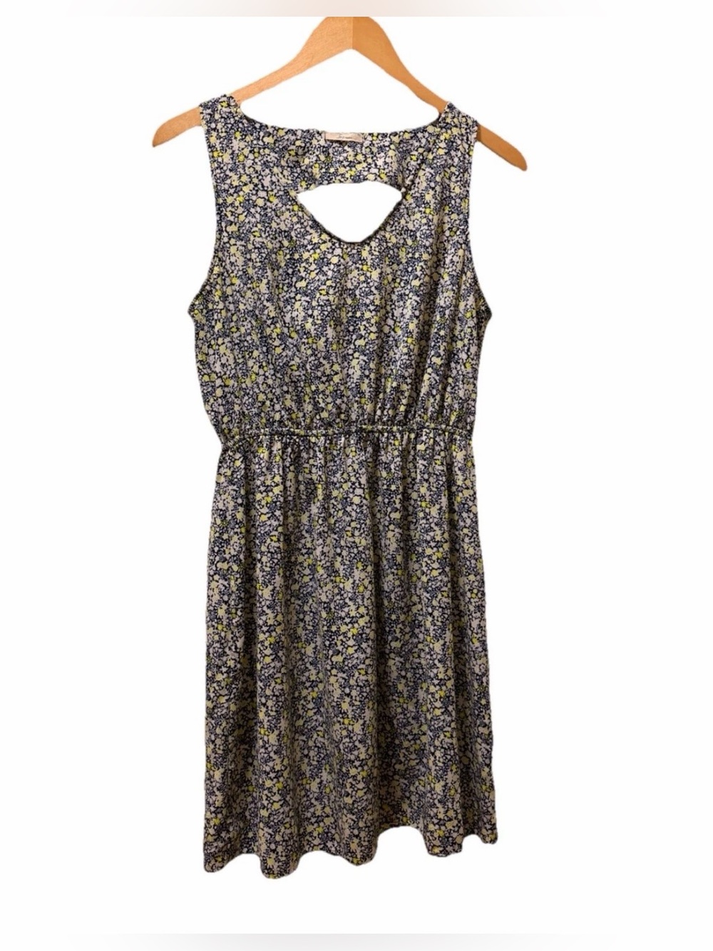 Women’s Sleeveless Floral Sun Dress Size M - L Navy Chartreuse White Above Knee